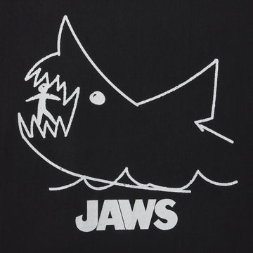 Black t-shirt with white 'JAWS' shark graphic design